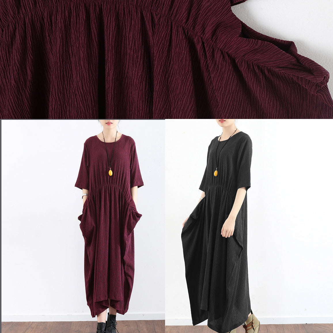 Half Sleeve Burgundy Baggy Dress Pleated Silk Dresses Long Silk Maxi Dress Tunic Gown