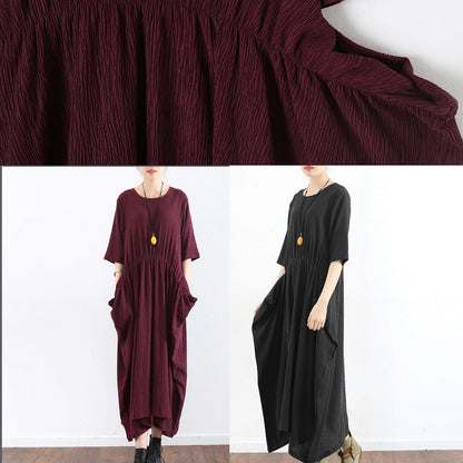 Half Sleeve Burgundy Baggy Dress Pleated Silk Dresses Long Silk Maxi Dress Tunic Gown