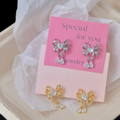 Heart Ribbon Earrings in Silver