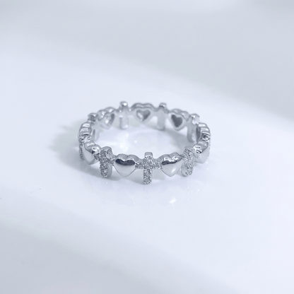 Silver Cross & Hearts Ring