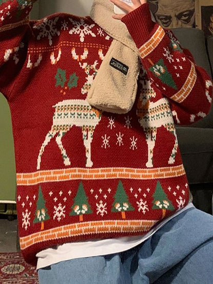 Oversized Christmas Sweater with Crew Neck and Deer Pattern