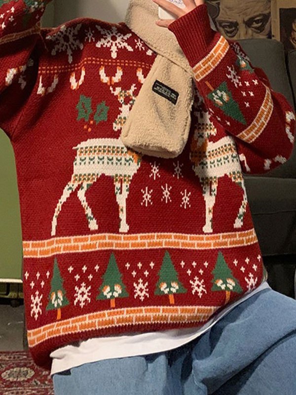Oversized Christmas Sweater with Crew Neck and Deer Pattern