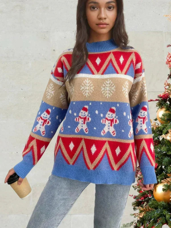 Relaxed Fit Wool Blend Crew Neck Festive Knit Pattern