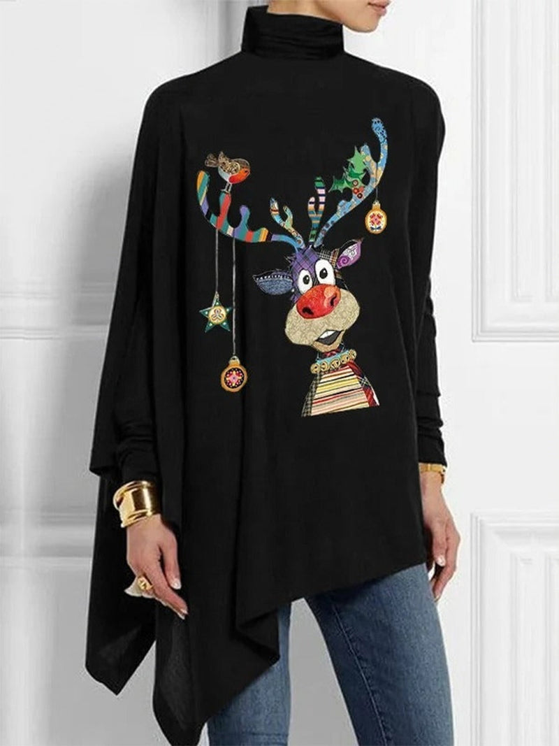 Turtleneck Top Relaxed Fit Cotton Blend Reindeer Motif Asymmetrical Hem