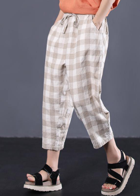 Khaki Plaid Cotton Pants Drawstring Pants