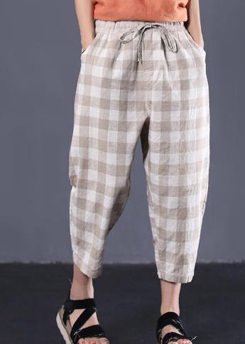 Khaki Plaid Cotton Pants Drawstring Pants