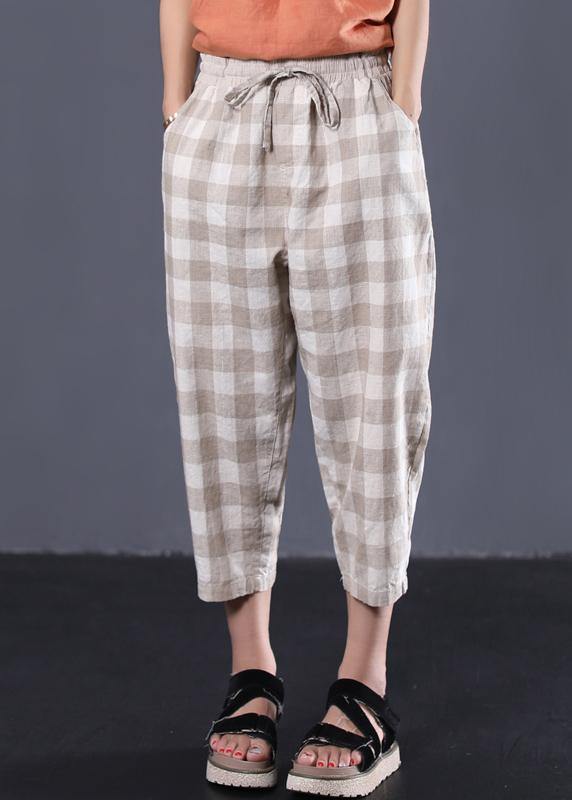 Khaki Plaid Cotton Pants Drawstring Pants