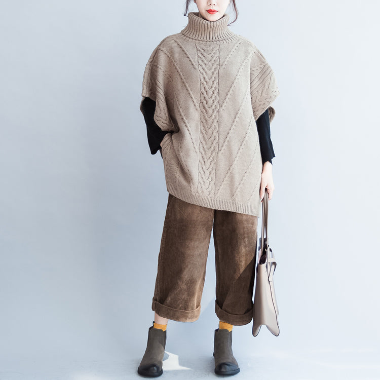 Khaki Unique Cotton Sweater High Neck Side Open Button Sleeveless Knit Tops