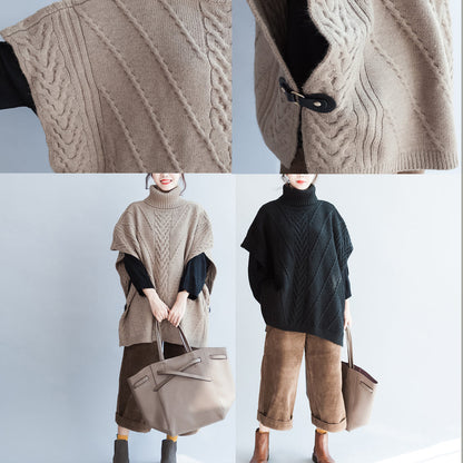 Khaki Unique Cotton Sweater High Neck Side Open Button Sleeveless Knit Tops