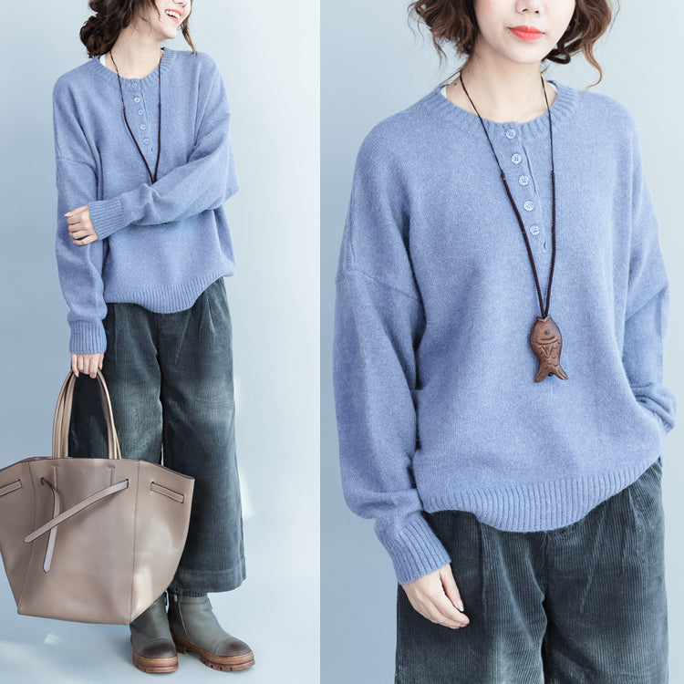 Lavender Thick Warm Woolen Knit Pullover Neck Front Button Loose Batwing Sleeve Sweater