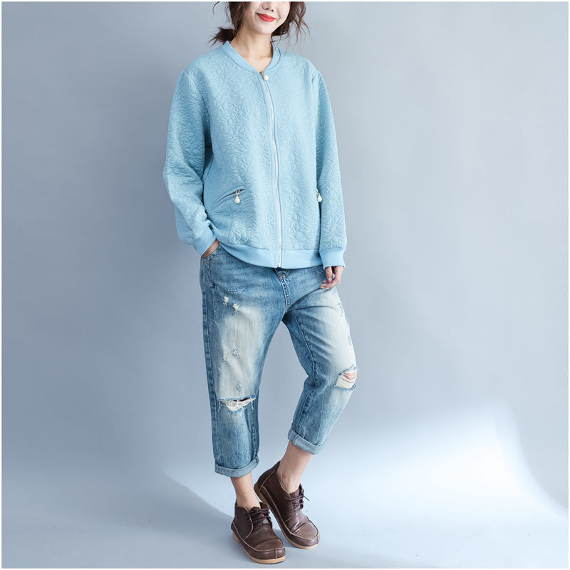Light Blue Jacquard Loose Cotton Jackets Zippered Cardigans Outwear