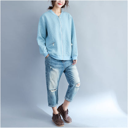 Light Blue Jacquard Loose Cotton Jackets Zippered Cardigans Outwear