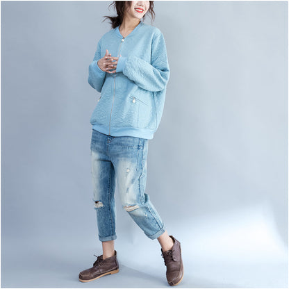 Light Blue Jacquard Loose Cotton Jackets Zippered Cardigans Outwear