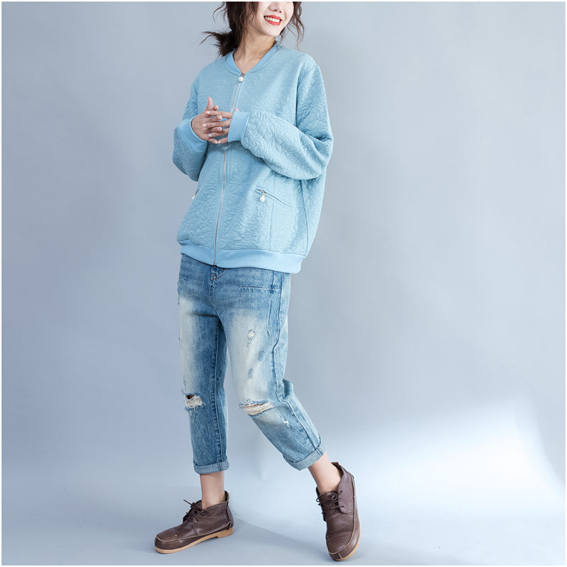 Light Blue Jacquard Loose Cotton Jackets Zippered Cardigans Outwear