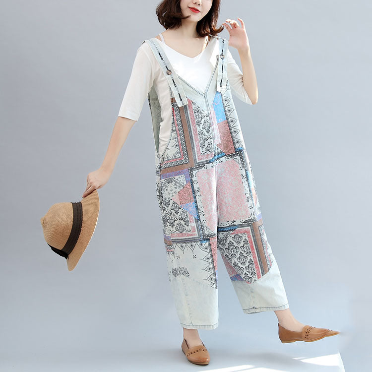 Light Denim Cotton Pants Patchwork Oversize Jumpsuit Pants