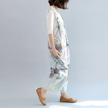 Light Denim Cotton Pants Patchwork Oversize Jumpsuit Pants