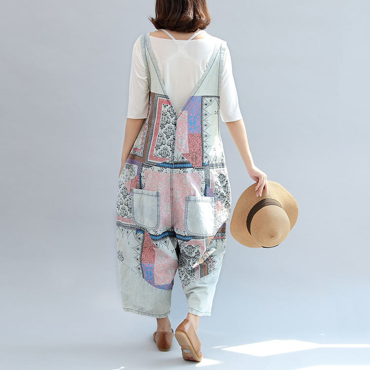 Light Denim Cotton Pants Patchwork Oversize Jumpsuit Pants
