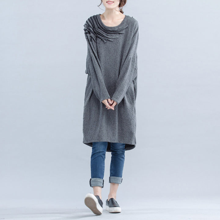 Light Gray Unique Cotton Dress Cinched Batwing Sleeve Dress