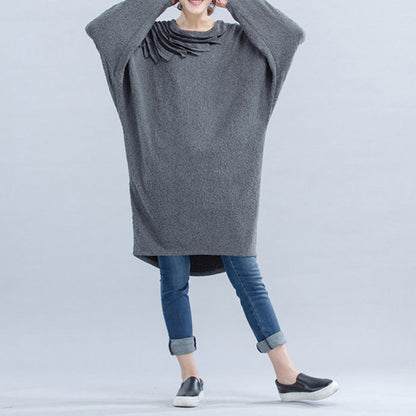 Light Gray Unique Cotton Dress Cinched Batwing Sleeve Dress