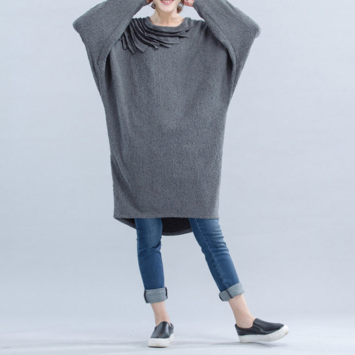 Light Gray Unique Cotton Dress Cinched Batwing Sleeve Dress