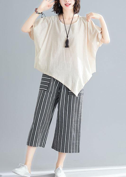 Loose Two Pieces Asymmetric White T Shirts and Striped Pants