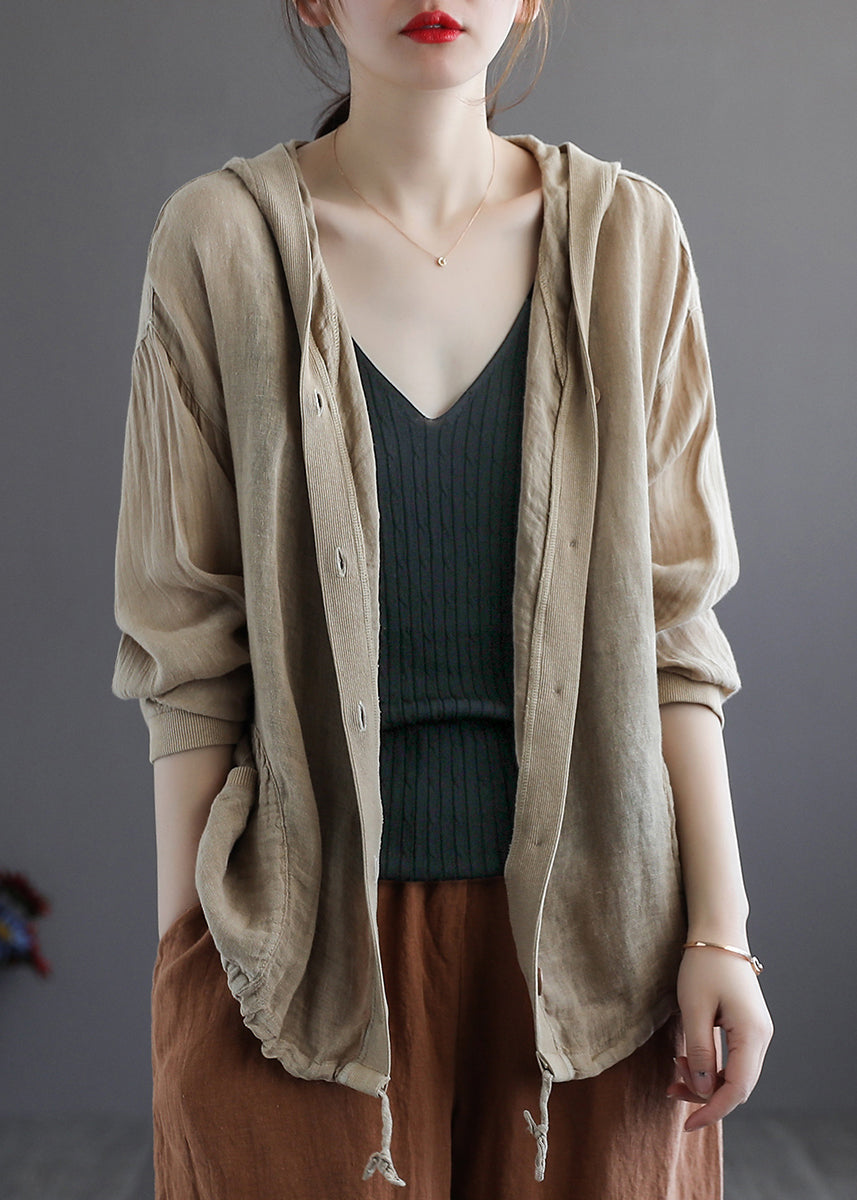 Khaki Hooded Button Drawstring Cotton Coat Fall