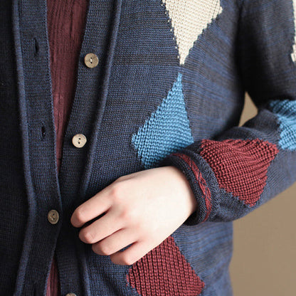 Navy Patchwork Woolen Knit Cardigans Loose Long Sleeve Sweater Outwear