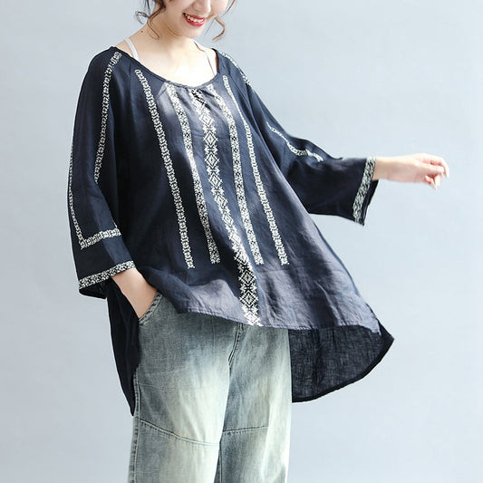 Navy Striped Linen Blouse Bracelet Sleeved Blouse