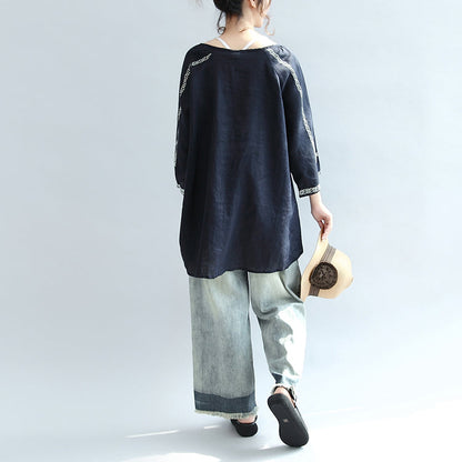 Navy Striped Linen Blouse Bracelet Sleeved Blouse