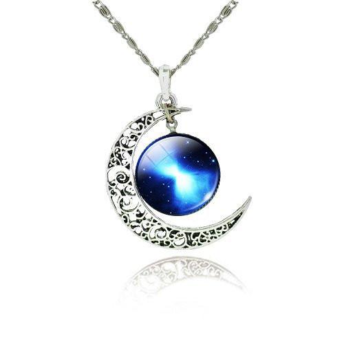 Galaxy Cabochon Crescent Moon Silver Necklace