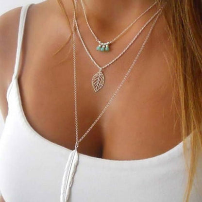 Multi Layer Feather & Leaf Necklace