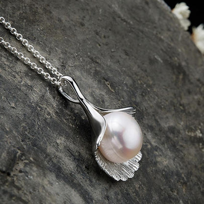 Pearl in Ginkgo Leaf Sterling Silver Necklace