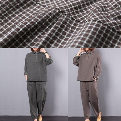 New Autumn Black Plaid Cotton Lapel Collar Long Sleeve Shirt and Patchwork Elastic Waist Pants Two Pieces