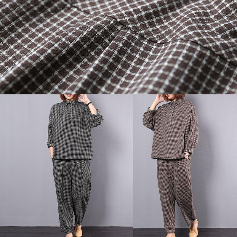 New Autumn Black Plaid Cotton Lapel Collar Long Sleeve Shirt and Patchwork Elastic Waist Pants Two Pieces