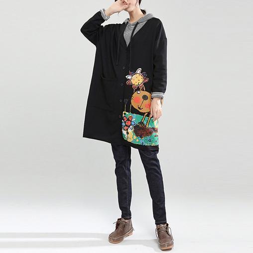 New Autumn Black Fit Cotton Coats Loose Hooded Cardigan Cartoon Print