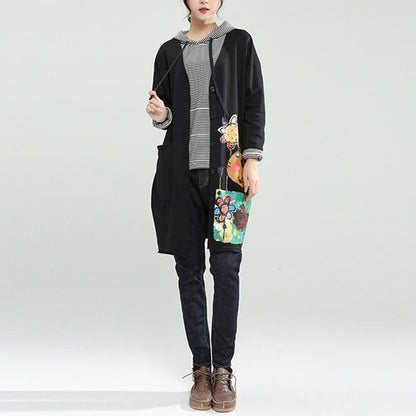 New Autumn Black Fit Cotton Coats Loose Hooded Cardigan Cartoon Print