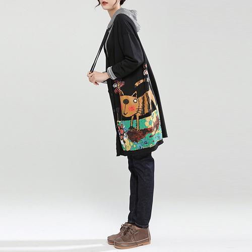 New Autumn Black Fit Cotton Coats Loose Hooded Cardigan Cartoon Print