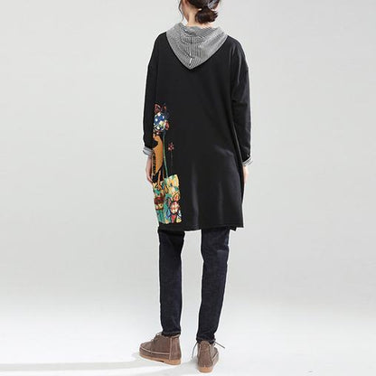 New Autumn Black Fit Cotton Coats Loose Hooded Cardigan Cartoon Print