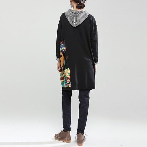 New Autumn Black Fit Cotton Coats Loose Hooded Cardigan Cartoon Print