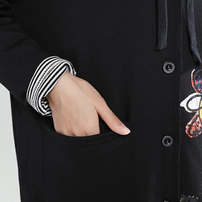 New Autumn Black Fit Cotton Coats Loose Hooded Cardigan Cartoon Print