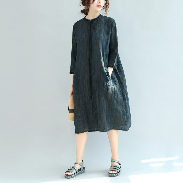 New Autumn Dark Blue Linen Drsses Maxi Dress