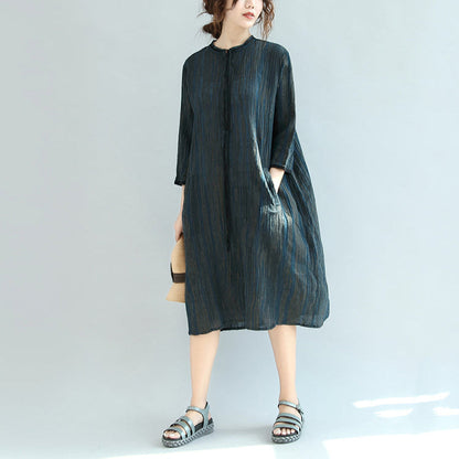 New Autumn Dark Blue Linen Drsses Maxi Dress