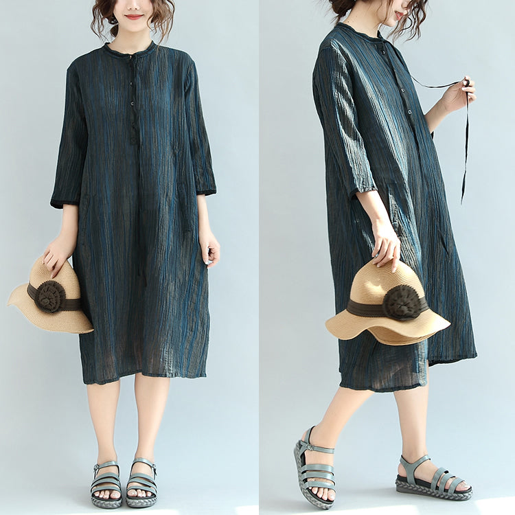New Autumn Dark Blue Linen Drsses Maxi Dress