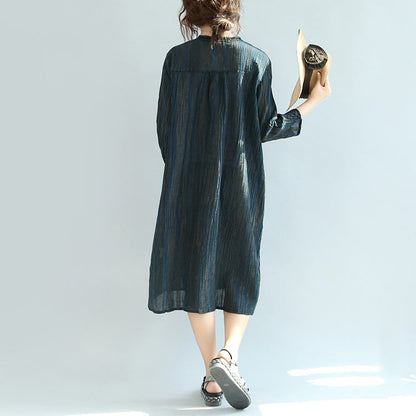 New Autumn Dark Blue Linen Drsses Maxi Dress