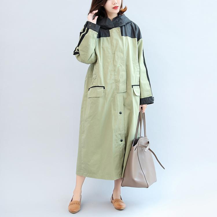 New Autumn Linght Green Patchwork Cotton Outwear Hooded Maxi Coat