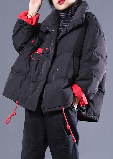 New Black Clothing Stand Collar Quilted Coat Drawstring Pockets Down Coat