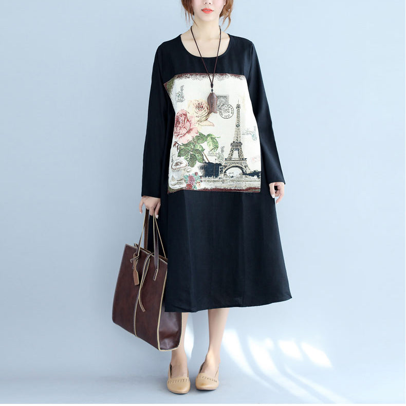 New Black Print Cotton Linen Dresses Long Sleeve Maternity Dress
