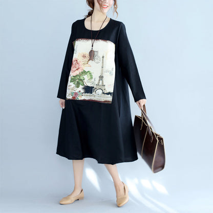 New Black Print Cotton Linen Dresses Long Sleeve Maternity Dress