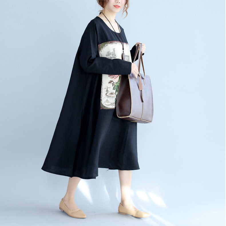 New Black Print Cotton Linen Dresses Long Sleeve Maternity Dress