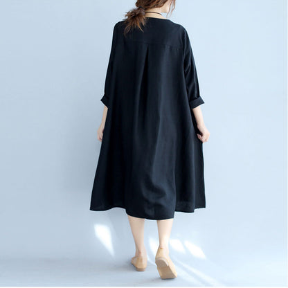 New Black Print Cotton Linen Dresses Long Sleeve Maternity Dress